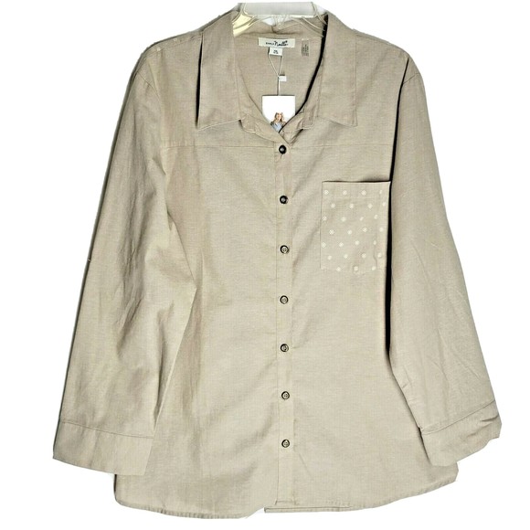 NWT Simply Noelle Women's Blouse Tan Rolled Tap Sleeve Button Down Plus Size XXL - Picture 1 of 12